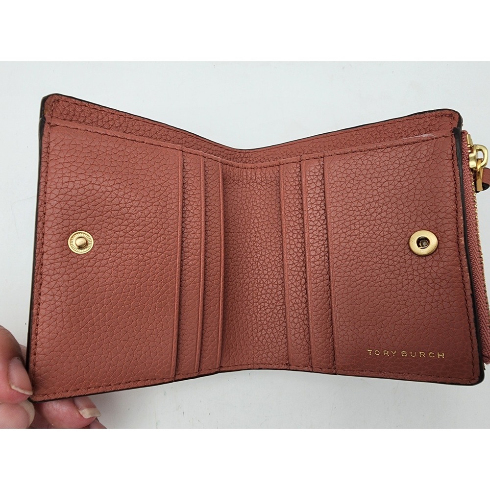 Tory Burch McGraw Mini Bifold Pebbled Leather Wallet Rosewood - Picture 14 of 14